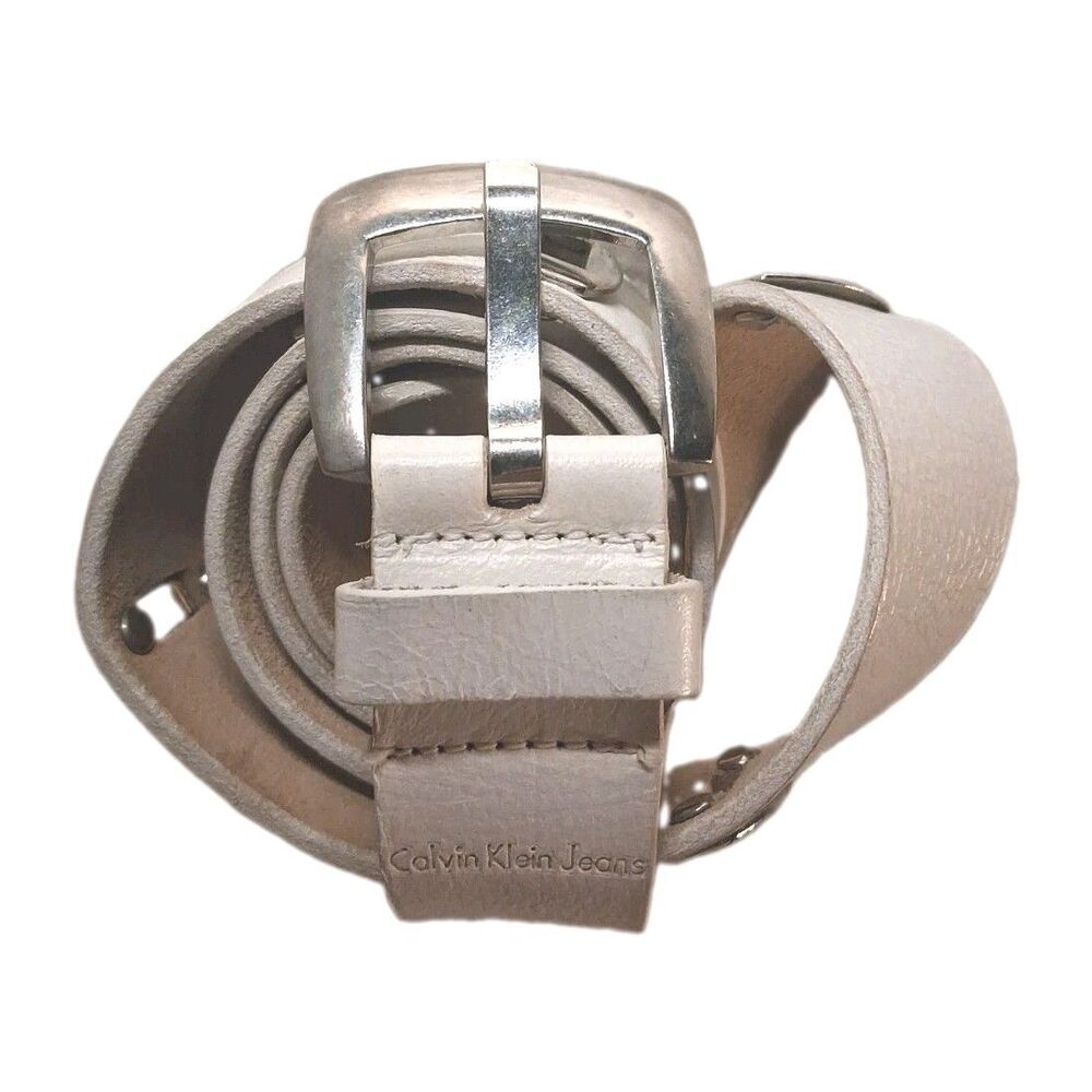 Calvin Klein White Genuine Leather Belt Size M Silver Tone Buckle Designer Theme